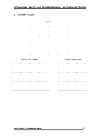 PUC-CAMPINAS – CEATEC – FAC. DE ENGENHARIA CIVIL ESTRUTURAS METÁLICAS I
Prof. AUGUSTO CANTUSIO NETO 4-15
2 – SISTEMA RÍGIDO
PLANTA
SEÇÃO LONGITUDINAL SEÇÃO TRANSVERSAL
 