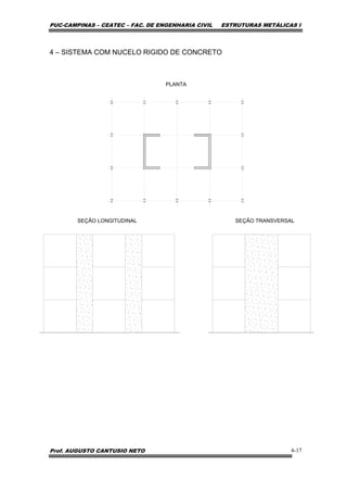PUC-CAMPINAS – CEATEC – FAC. DE ENGENHARIA CIVIL ESTRUTURAS METÁLICAS I
Prof. AUGUSTO CANTUSIO NETO 4-17
4 – SISTEMA COM NUCELO RIGIDO DE CONCRETO
PLANTA
SEÇÃO LONGITUDINAL SEÇÃO TRANSVERSAL
 