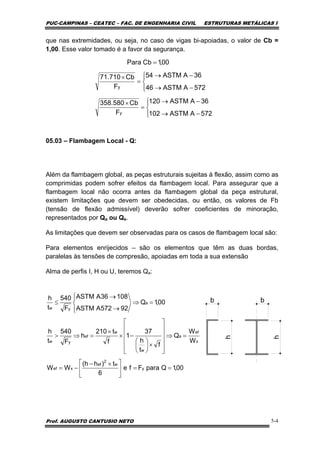 PUC-CAMPINAS – CEATEC – FAC. DE ENGENHARIA CIVIL ESTRUTURAS METÁLICAS I
Prof. AUGUSTO CANTUSIO NETO 5-4
que nas extremidades, ou seja, no caso de vigas bi-apoiadas, o valor de Cb =
1,00. Esse valor tomado é a favor da segurança.
05.03 – Flambagem Local - Q:
Além da flambagem global, as peças estruturais sujeitas à flexão, assim como as
comprimidas podem sofrer efeitos da flambagem local. Para assegurar que a
flambagem local não ocorra antes da flambagem global da peça estrutural,
existem limitações que devem ser obedecidas, ou então, os valores de Fb
(tensão de flexão admissível) deverão sofrer coeficientes de minoração,
representados por Qa ou Qs.
As limitações que devem ser observadas para os casos de flambagem local são:
Para elementos enrijecidos – são os elementos que têm as duas bordas,
paralelas às tensões de compresão, apoiadas em toda a sua extensão
Alma de perfis I, H ou U, teremos Qa:
⎪⎩
⎪
⎨
⎧
−→
−→
=
×
⎪⎩
⎪
⎨
⎧
−→
−→
=
×
=
572AASTM102
36AASTM120
F
Cb580.358
572AASTM46
36AASTM54
F
Cb710.71
00,1CbPara
y
y
b b
h
h
00,1QparaFfe
6
t)hh(
WW
W
W
Q
f
t
h
37
1
f
t210
h
F
540
t
h
00,1Q
92572AASTM
10836AASTM
F
540
t
h
y
w
2
ef
xef
x
ef
a
w
w
ef
yw
a
yw
==⎥
⎦
⎤
⎢
⎣
⎡ ×−
−=
=⇒
⎥
⎥
⎥
⎥
⎦
⎤
⎢
⎢
⎢
⎢
⎣
⎡
×⎟
⎠
⎞
⎜
⎝
⎛
−×
×
=⇒>
⎪⎩
⎪
⎨
⎧
=⇒
→
→
≤
 