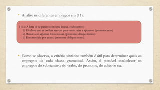 • Analise os diferentes empregos em (11):
• Como se observa, o critério sintático também é útil para determinar quais os
empregos de cada classe gramatical. Assim, é possível estabelecer os
empregos do substantivo, do verbo, do pronome, do adjetivo etc.
11) a) A letra ele se parece com uma língua. (substantivo)
b) Ele disse que as orelhas servem para ouvir vaias e aplausos. (pronome reto)
c) Mande a ele algumas fotos nossas. (pronome oblíquo tônico)
d) Encontrei ele por acaso. (pronome oblíquo átono).
 