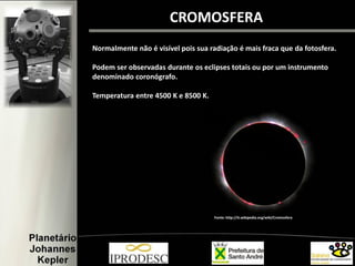 CROMOSFERA
Normalmente não é visível pois sua radiação é mais fraca que da fotosfera.
Podem ser observadas durante os eclipses totais ou por um instrumento
denominado coronógrafo.
Temperatura entre 4500 K e 8500 K.
Fonte: http://it.wikipedia.org/wiki/Cromosfera
 