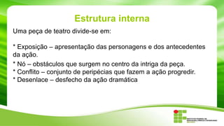 Estrutura interna
Uma peça de teatro divide-se em:
* Exposição – apresentação das personagens e dos antecedentes
da ação.
* Nó – obstáculos que surgem no centro da intriga da peça.
* Conflito – conjunto de peripécias que fazem a ação progredir.
* Desenlace – desfecho da ação dramática
 