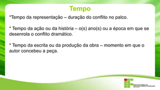 Tempo
*Tempo da representação – duração do conflito no palco.
* Tempo da ação ou da história – o(s) ano(s) ou a época em que se
desenrola o conflito dramático.
* Tempo da escrita ou da produção da obra – momento em que o
autor concebeu a peça.
 