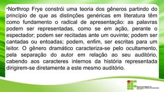 *Northrop Frye constrói uma teoria dos gêneros partindo do
princípio de que as distinções genéricas em literatura têm
como fundamento o radical de apresentação: as palavras
podem ser representadas, como se em ação, perante o
espectador; podem ser recitadas ante um ouvinte; podem ser
cantadas ou entoadas; podem, enfim, ser escritas para um
leitor. O gênero dramático caracteriza-se pelo ocultamento,
pela separação do autor em relação ao seu auditório,
cabendo aos caracteres internos da história representada
dirigirem-se diretamente a este mesmo auditório.
 