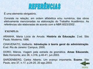 É uma elemento obrigatório. Consiste na relação, em ordem alfabética e/ou numérica, das obras efetivamente mencionadas na elaboração do Trabalho Acadêmico. As referências são elaboradas de acordo com a NBR 6023/2002 . ARANHA, Maria Lúcia de Arruda.  História da Educação . 2.ed. São Paulo: Moderna, 1996. CHIAVENATO, Idalberto.  Introdução à teoria geral da administração . 6.ed. Rio de Janeiro: Campus, 2000. DORO, Márcia. Viagem pela estrada da gramática.  Amae Educando , Belo Horizonte, ano 36, n.316, p.40-41, jun.2003. SARDENBERG, Carlos Alberto. Um avanço importante . Exame , São Paulo, ano 37, n.17, p.24-25, 20 ago.2003. EXEMPLO: REFERÊNCIAS 