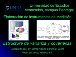 Elaborado por: Dr. Jaime Alberto Sandoval Cerda
Mayo del 2013, Tijuana, B.C.
Estructura de varianza y covarianza
Universidad de Estudios
Avanzados, campus Pedregal.
Elaboración de instrumentos de medición.
 