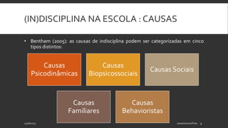 (IN)DISCIPLINA NA ESCOLA : CAUSAS
• Bentham (2005): as causas de indisciplina podem ser categorizadas em cinco
tipos distintos:
24/06/2015 JoanaCarneiroPinto 9
Causas
Psicodinâmicas
Causas
Biopsicossociais
Causas Sociais
Causas
Familiares
Causas
Behavioristas
 