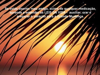 Se estás doente, meu amigo, acima de qualquer medicação, aprende a orar e a entender, a auxiliar e a preparar o coração para a Grande Mudança. Se estás doente, meu amigo, acima de qualquer medicação, aprende a entender as LEIS DA VIDA -  auxiliar, orar e preparar o coração para a Grande Mudança. 