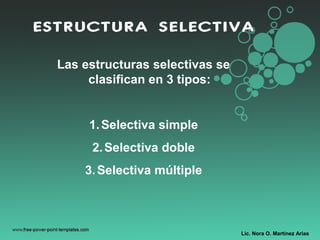 ESTRUCTURA SELECTIVA
Las estructuras selectivas se
clasifican en 3 tipos:
1.Selectiva simple
2.Selectiva doble
3.Selectiva múltiple
Lic. Nora O. Martínez Arias
 