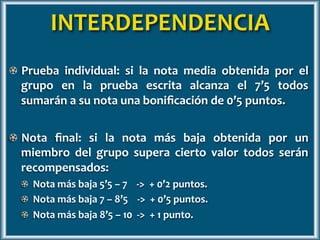 Prueba individual: si la nota media obtenida por el
grupo en la prueba escrita alcanza el 7’5 todos
sumarán a su nota una bonificación de 0’5 puntos.
Nota final: si la nota más baja obtenida por un
miembro del grupo supera cierto valor todos serán
recompensados:
Nota más baja 5’5 – 7 -> + 0’2 puntos.
Nota más baja 7 – 8’5 -> + 0’5 puntos.
Nota más baja 8’5 – 10 -> + 1 punto.
INTERDEPENDENCIA
 