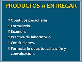 Objetivos personales.
Práctica de laboratorio.
Formulario.
Examen.
Conclusiones.
Formulario de autoevaluación y
coevaluación.
PRODUCTOS A ENTREGAR
 