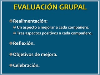 Realimentación:
Un aspecto a mejorar a cada compañero.
Tres aspectos positivos a cada compañero.
Reflexión.
Objetivos de mejora.
Celebración.
EVALUACIÓN GRUPAL
 