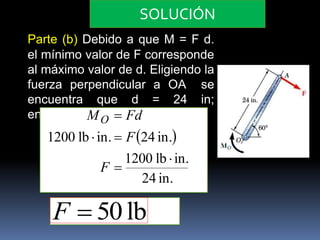 SOLUCIÓN 
Parte (b) Debido a que M = F d. 
el mínimo valor de F corresponde 
al máximo valor de d. Eligiendo la 
fuerza perpendicular a OA se 
encuentra que d = 24 in; 
entonces 
MO Fd 
  
 
1200 lb in. 24 in. 
1200 lb  
in. 
24 in. 
  
 
F 
F 
F  50 lb 
 