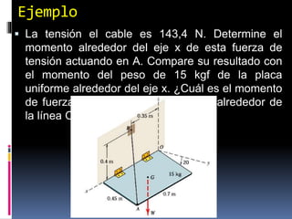 Ejemplo 
 La tensión el cable es 143,4 N. Determine el 
momento alrededor del eje x de esta fuerza de 
tensión actuando en A. Compare su resultado con 
el momento del peso de 15 kgf de la placa 
uniforme alrededor del eje x. ¿Cuál es el momento 
de fuerza de tensión actuando en A alrededor de 
la línea OB 
 