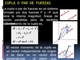 CUPLA O PAR DE FUERZAS 
La cupla o par de fuerzas es un sistema 
formado por dos fuerzas F y –F que 
tiene la misma magnitud, líneas de 
acción paralelas pero de sentidos 
o•pEulemstooms.ento de la cupla es, 
El vector momento de la cupla es 
un vector independiente del origen 
o es decir es un vector libre 
perpendicular al plano que 
 
