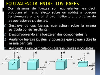 EQUIVALENCIA ENTRE LOS PARES 
Dos sistemas de fuerzas son equivalentes (es decir 
producen el mismo efecto sobre un sólido) si pueden 
transformarse el uno en el otro mediante una o varias de 
las operaciones siguientes: 
a) Sustituyendo dos fuerzas que actúan sobre la misma 
partícula por su resultante; 
b) Descomponiendo una fuerza en dos componentes y 
c) Anulando fuerzas iguales y opuestas que actúan sobre la 
misma partícula 
d) Aplicando a una partícula dos fuerzas iguales y opuestas 
e) Moviendo una fuerza a lo largo de su recta soporte 
 