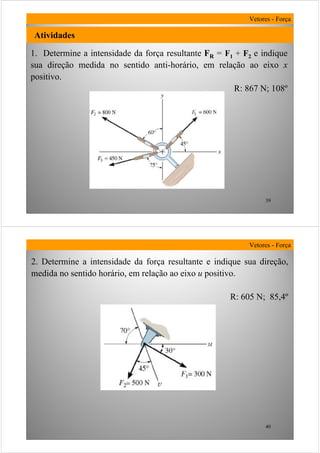 39
1. Determine a intensidade da força resultante FR = F1 + F2 e indique
sua direção medida no sentido anti-horário, em relação ao eixo x
positivo.
R: 867 N; 108º
Atividades
Vetores - Força
40
2. Determine a intensidade da força resultante e indique sua direção,
medida no sentido horário, em relação ao eixo u positivo.
R: 605 N; 85,4º
Vetores - Força
 
