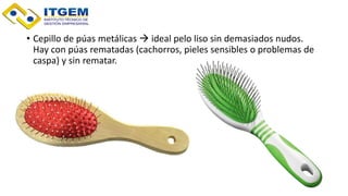 • Cepillo de púas metálicas  ideal pelo liso sin demasiados nudos.
Hay con púas rematadas (cachorros, pieles sensibles o problemas de
caspa) y sin rematar.
 