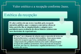 Valor estético e a recepção conforme Jauss.
 