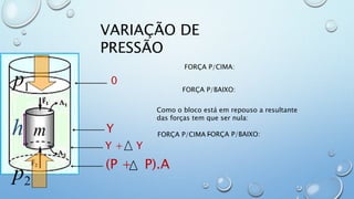 VARIAÇÃO DE
PRESSÃO
1p
h m
0
Y
(P + P).A
FORÇA P/CIMA:
FORÇA P/BAIXO:
Y + Y
Como o bloco está em repouso a resultante
das forças tem que ser nula:
FORÇA P/CIMA -FORÇA P/BAIXO:
 
