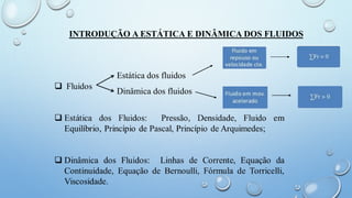 Estática dos fluidos
Dinâmica dos fluidos
INTRODUÇÃO A ESTÁTICA E DINÂMICA DOS FLUIDOS
 