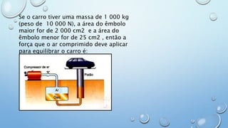 Se o carro tiver uma massa de 1 000 kg
(peso de 10 000 N), a área do êmbolo
maior for de 2 000 cm2 e a área do
êmbolo menor for de 25 cm2 , então a
força que o ar comprimido deve aplicar
para equilibrar o carro é:
 