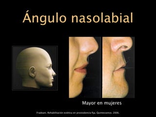 Ángulo nasolabial




                                          Mayor en mujeres
  Fradeani. Rehabilitación estética en prostodoncia ﬁja. Quintessence. 2006.
 