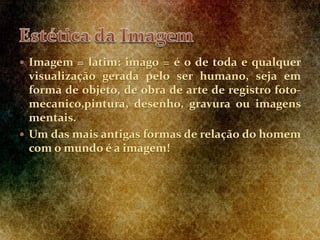  Imagem = latim: imago = é o de toda e qualquer
visualização gerada pelo ser humano, seja em
forma de objeto, de obra de arte de registro foto-
mecanico,pintura, desenho, gravura ou imagens
mentais.
 Um das mais antigas formas de relação do homem
com o mundo é a imagem!
 