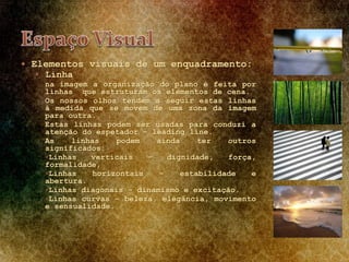  Elementos visuais de um enquadramento:
 Linha
na imagem a organização do plano é feita por
linhas que estruturam os elementos de cena.
Os nossos olhos tendem a seguir estas linhas
à medida que se movem de uma zona da imagem
para outra.
Estas linhas podem ser usadas para conduzi a
atenção do espetador – leading line.
As linhas podem ainda ter outros
significados:
Linhas verticais – dignidade, força,
formalidade,
Linhas horizontais – estabilidade e
abertura.
Linhas diagonais – dinamismo e excitação.
Linhas curvas – beleza, elegância, movimento
e sensualidade.
 