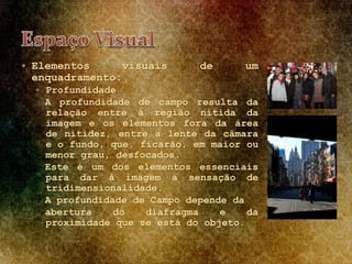 Elementos visuais de um
enquadramento:
 Profundidade
A profundidade de campo resulta da
relação entre a região nítida da
imagem e os elementos fora da área
de nitidez, entre a lente da câmara
e o fundo, que, ficarão, em maior ou
menor grau, desfocados.
Este é um dos elementos essenciais
para dar à imagem a sensação de
tridimensionalidade.
A profundidade de Campo depende da
abertura do diafragma e da
proximidade que se está do objeto.
 