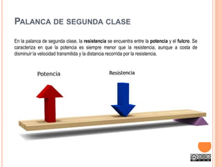 PALANCA DE SEGUNDA CLASE
En la palanca de segunda clase, la resistencia se encuentra entre la potencia y el fulcro. Se
caracteriza en que la potencia es siempre menor que la resistencia, aunque a costa de
disminuir la velocidad transmitida y la distancia recorrida por la resistencia.
 