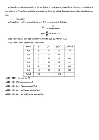 A frequência relativa acumulada de um dado é a razão entre a frequência absoluta acumulada até

esse dado e a frequência absoluta acumulada do total de dados. Representamos essa frequência por

fra .

              Exemplos:
    A frequência relativa acumulada da nota 7,0, por exemplo, é dado por:

                                                               fa
                                               fra =
                                                       n° de indivíduos
                                                       13
                                               fra =      = 0,52 ou 52%
                                                       25
    Isso significa que 52% dos alunos tiveram nota igual ou inferior a 7,0.

    Veja como ficaria a tabela de freqüências:

                          Nota            f             fa        fr (% )   fra (% )

                           4,0            5              5           20       20

                           5,0            3              8           12       32

                           6,0            2              10          8        40

                           7,0            3              13          12       52

                           8,0            2              15          8        60

                           9,0            10             25          40       100

                          Total           25                        100

→ (20 + 12 )% com nota até 5,0

→ (20 + 12 + 8 )% com nota até 6,0

→ (20 + 12 + 8 + 12 )% com nota até 7,0

→ (20 + 12 + 8 + 12 + 8 )% com nota até 8,0

→ (20 + 12 + 8 + 12 + 8 + 40 )% com nota até 9,0
 