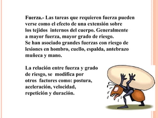 Fuerza.-Fuerza.- Las tareas que requieren fuerza pueden
verse como el efecto de una extensión sobre
los tejidos internos del cuerpo. Generalmente
a mayor fuerza, mayor grado de riesgo.
Se han asociado grandes fuerzas con riesgo de
lesiones en hombro, cuello, espalda, antebrazo
muñeca y mano.
La relación entre fuerza y grado
de riesgo, se modifica por
otros factores como: postura,
aceleración, velocidad,
repetición y duración.
 