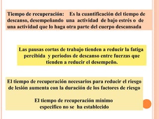 Tiempo de recuperaciónTiempo de recuperación: Es la cuantificación del tiempo de
descanso, desempeñando una actividad de bajo estrés o de
una actividad que lo haga otra parte del cuerpo descansada
Las pausas cortas de trabajo tienden a reducir la fatiga
percibida y periodos de descanso entre fuerzas que
tienden a reducir el desempeño.
El tiempo de recuperación necesarios para reducir el riesgo
de lesión aumenta con la duración de los factores de riesgo
El tiempo de recuperación mínimo
especifico no se ha establecido
 