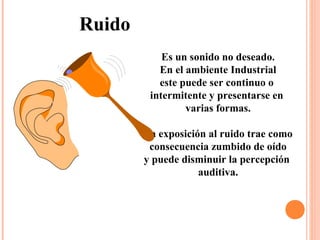 Ruido
Es un sonido no deseado.
En el ambiente Industrial
este puede ser continuo o
intermitente y presentarse en
varias formas.
La exposición al ruido trae como
consecuencia zumbido de oído
y puede disminuir la percepción
auditiva.
 