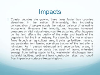 Impacts 
 Coastal counties are growing three times faster than counties 
elsewhere in the nation. Unfortunately, this increasing 
concentration of people upsets the natural balance of estuarine 
ecosystems, threatens their integrity, and imposes increased 
pressures on vital natural resources like estuaries. What happens 
on the land affects the quality of the water and health of the 
organisms that live in an estuary. For example, if a river or stream 
flows through an agricultural area, it picks up fertilizer, manure, 
and pesticides from farming operations that run off the land after a 
rainstorm. As it passes urbanized and suburbanized areas, it 
gathers fertilizers or pet waste that wash off lawns, untreated 
sewage from failing septic tanks, wastewater discharges from 
industrial facilities, sediment from construction sites, and runoff 
from impervious surfaces like parking lots. 
 