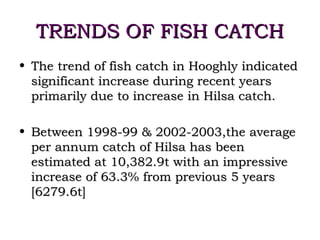 TRENDS OF FISH CATCH
• The trend of fish catch in Hooghly indicated
  significant increase during recent years
  primarily due to increase in Hilsa catch.

• Between 1998-99 & 2002-2003,the average
  per annum catch of Hilsa has been
  estimated at 10,382.9t with an impressive
  increase of 63.3% from previous 5 years
  [6279.6t]
 