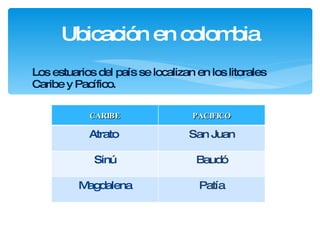 Los estuarios del país se localizan en los litorales Caribe y Pacífico. Ubicación en colombia CARIBE PACIFICO Atrato  San Juan Sinú Baudó Magdalena Patía 