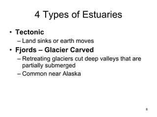 4 Types of Estuaries Tectonic Land sinks or earth moves Fjords – Glacier Carved Retreating glaciers cut deep valleys that are partially submerged Common near Alaska 