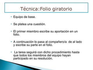  Equipo de base.
 Se platea una cuestión.
 El primer miembro escribe su aportación en un
folio.
 A continuación lo pasa al compañero/a de al lado
y escribe su parte en el folio.
 La tarea seguirá con dicho procedimiento hasta
que todos los miembros del equipo hayan
participado en su resolución.
 