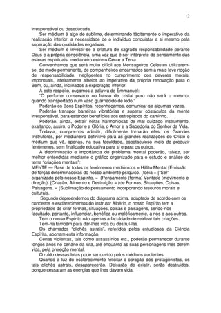 12
irresponsável ou deseducada.
Ser médium é algo de sublime, determinando tàcitamente o imperativo da
realização interior, a necessidade de o indivíduo conquistar a si mesmo pela
superação das qualidades negativas.
Ser médium é investir-se a criatura de sagrada responsabilidade perante
Deus e a própria consciência, uma vez que é ser intérprete do pensamento das
esferas espirituais, medianeiro entre o Céu e a Terra.
Convenhamos que será muito difícil aos Mensageiros Celestes utilizarem-
se, de modo permanente, de companheiros encarnados sem a mais leve noção
de responsabilidade, negligentes no cumprimento dos deveres morais,
impontuais, inteiramente alheios ao imperativo da própria renovação para o
Bem, ou, ainda, inclinados à exploração inferior.
A este respeito, ouçamos a palavra de Emmanuel:
“O perfume conservado no frasco de cristal puro não será o mesmo,
quando transportado num vaso guarnecido de lodo.”
Poderão os Bons Espíritos, reconheçamos, comunicar-se algumas vezes.
Poderão transpor barreiras vibratórias e superar obstáculos da mente
irresponsável, para estender benefícios aos estropiados do caminho.
Poderão, ainda, extrair notas harmoniosas de mal cuidado instrumento,
exaltando, assim, o Poder e a Glória, o Amor e a Sabedoria do Senhor da Vida.
Todavia, cumpre-nos admitir, dificilmente tornarão eles, os Grandes
Instrutores, por medianeiro definitivo para as grandes realizações do Cristo o
médium que vê, apenas, na sua faculdade, espetaculoso meio de produzir
fenômenos, sem finalidade educativa para si e para os outros.
A discriminação e importância do problema mental poderão, talvez, ser
melhor entendidas mediante o gráfico organizado para o estudo e análise do
tema “criações mentais”:
MENTE — Base de todos os fenômenos mediúnicos = Hálito Mental {Emissão
de forças determinadoras do nosso ambiente psíquico. {Idéia = {“Ser”
organizado pelo nosso Espírito. = {Pensamento (forma) Vontade (movimento e
direção). {Criação, Alimento e Destruição = {de Formas, Situações, Coisas,
Paisagens. = {Sublimação do pensamento incorporando tesouros morais e
culturais.
Segundo depreendemos do diagrama acima, adaptado de acordo com os
conceitos e esclarecimentos do instrutor Albério, o nosso Espírito tem a
propriedade de criar formas, situações, coisas e paisagens, sendo-nos
facultado, portanto, influenciar, benéfica ou maléficamente, a nós e aos outros.
Tem o nosso Espírito não apenas a faculdade de realizar tais criações.
Tem-na também para dar-lhes vida ou destruí-las.
Os chamados “clichês astrais”, referidos pelos estudiosos da Ciência
Espírita, abonam esta informação.
Cenas violentas, tais como assassínios etc., poderão permanecer durante
longos anos no cenário da luta, até enquanto as suas personagens lhes derem
vida, pela projeção mental.
O ruído dessas lutas pode ser ouvido pelos médiuns audientes.
Quando a luz do esclarecimento felicitar o coração dos protagonistas, os
tais clichês astrais, desaparecerão. Deixarão de existir, serão destruidos,
porque cessaram as energias que lhes davam vida.
 