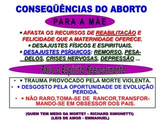 (QUEM TEM MEDO DA MORTE? – RICHARD SIMONETTI)
(LEIS DE AMOR - EMMANUEL)
•  TRAUMA PROVOCADO PELA MORTE VIOLENTA.
•  DESGOSTO PELA OPORTUNIDADE DE EVOLUÇÃO
PERDIDA.
•  NÃO RARO,TOMA-SE DE RANCOR,TRANSFOR-
MANDO-SE EM OBSESSOR DOS PAIS.
 AFASTA OS RECURSOS DE REABILITAÇÃO E
FELICIDADE QUE A MATERNIDADE OFERECE.
 DESAJUSTES FÍSICOS E ESPIRITUAIS.
 DESAJUSTES PSÍQUICOS: REMORSO, PESA-
DELOS, CRISES NERVOSAS, DEPRESSÃO ...
 