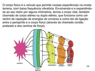 129
O corpo físico é o veículo que permite nossas experiências na crosta
terrena, com baixa frequência vibratória. Envolvendo-o e expandindo-
se ao seu redor por alguns milímetros, temos o corpo vital, também
chamado de corpo etéreo ou duplo etéreo, que funciona como um
centro de captação de energias do universo e como elo de ligação
entre o perispírito e o corpo físico (através do chamado cordão
prateado e dos centros de força).
 