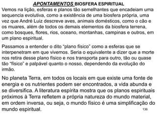 136
APONTAMENTOS BIOSFERA ESPIRITUAL
Vemos na lição, esferas e planos tão semelhantes que encadeiam uma
sequencia evolutiva, como a existência de uma biosfera própria, uma
vez que André Luiz descreve aves, animais domésticos, como o cão e
os muares, além de todos os demais elementos da biosfera terrena,
como bosques, flores, rios, oceano, montanhas, campinas e outros, em
um plano espiritual.
Passamos a entender o dito “plano físico” como a esferas que se
interpenetram em que vivemos. Seria o equivalente a dizer que a morte
nos retira desse plano físico e nos transporta para outro, tão ou quase
tão “físico” e palpável quanto o nosso, dependendo da evolução do
irmão.
No planeta Terra, em todos os locais em que existe uma fonte de
energia e os nutrientes podem ser encontrados, a vida abunda e
se diversifica. A literatura espírita mostra que os planos espirituais
próximos à Terra refletem a própria natureza do mundo material,
em ordem inversa, ou seja, o mundo físico é uma simplificação do
mundo espiritual.
 