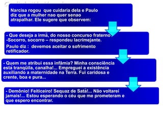 Capítulo 31- Vampiro
Narcisa rogou que cuidaria dela e Paulo
diz que a mulher nao quer senao
atrapalhar. Ele sugere que observem:
- Que deseja a irmã, do nosso concurso fraterno?
-Socorro, socorro – respondeu lacrimejante.
Paulo diz : devemos aceitar o sofrimento
retificador.
- Quem me atribui essa infâmia? Minha consciência
está tranqüila, canalha!... Empreguei a existência
auxiliando a maternidade na Terra. Fui caridosa e
crente, boa e pura...
- Demônio! Feiticeiro! Sequaz de Satã!... Não voltarei
jamais!... Estou esperando o céu que me prometeram e
que espero encontrar.
 