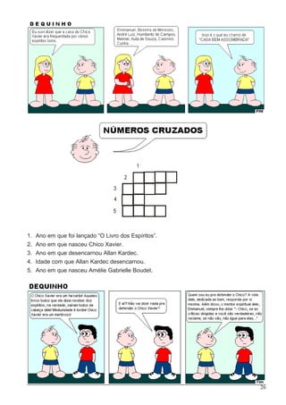 26
2
3
1
5
4
1. Ano em que foi lançado “O Livro dos Espíritos”.
2. Ano em que nasceu Chico Xavier.
3. Ano em que desencarnou Allan Kardec.
4. Idade com que Allan Kardec desencarnou.
5. Ano em que nasceu Amélie Gabrielle Boudet.
 