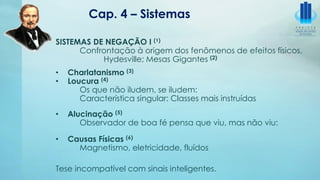 Cap. 4 – Sistemas
SISTEMAS DE NEGAÇÃO I (¹)
Confrontação à origem dos fenômenos de efeitos físicos.
Hydesville; Mesas Gigantes (2)
• Charlatanismo (3)
• Loucura (4)
Os que não iludem, se iludem:
Característica singular: Classes mais instruídas
• Alucinação (5)
Observador de boa fé pensa que viu, mas não viu:
• Causas Físicas (6)
Magnetismo, eletricidade, fluídos
Tese incompatível com sinais inteligentes.
 