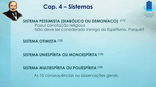 Cap. 4 – Sistemas
SISTEMA PESSIMISTA (DIABÓLICO OU DEMONÍACO) (11)
Possui conotação religiosa
Não deve ser considerado inimigo do Espiritismo. Porquê?
SISTEMA OTIMISTA (12)
SISTEMA UNIESPÍRITA OU MONOESPÍRITA (13)
SISTEMA MULTIESPÍRITA OU POLIESPÍRITA (14)
As 10 consequências ou observações gerais
 