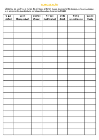PLANO DE AÇÃO
Utilizando os objetivos e metas da atividade anterior, faça o planejamento das ações necessárias pa-
ra o atingimento dos objetivos e metas utilizando a ferramenta 5W2H.
O que
(Ações)
Quem
(Responsável)
Quando
(Prazo)
Por que
(justificativa)
Onde
(local)
Como
(procedimento)
Quanto
Custa
 