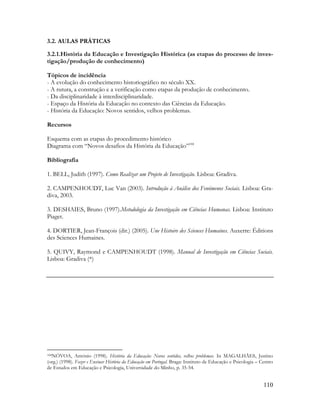 110
3.2. AULAS PRÁTICAS
3.2.1.História da Educação e Investigação Histórica (as etapas do processo de inves-
tigação/produção de conhecimento)
Tópicos de incidência
- A evolução do conhecimento historiográfico no século XX.
- A rutura, a construção e a verificação como etapas da produção de conhecimento.
- Da disciplinaridade à interdisciplinaridade.
- Espaço da História da Educação no contexto das Ciências da Educação.
- História da Educação: Novos sentidos, velhos problemas.
Recursos
Esquema com as etapas do procedimento histórico
Diagrama com “Novos desafios da História da Educação”104
Bibliografia
1. BELL, Judith (1997). Como Realizar um Projeto de Investigação. Lisboa: Gradiva.
2. CAMPENHOUDT, Luc Van (2003). Introdução à Análise dos Fenómenos Sociais. Lisboa: Gra-
diva, 2003.
3. DESHAIES, Bruno (1997).Metodologia da Investigação em Ciências Humanas. Lisboa: Instituto
Piaget.
4. DORTIER, Jean-François (dir.) (2005). Une Histoire des Sciences Humaines. Auxerre: Éditions
des Sciences Humaines.
5. QUIVY, Raymond e CAMPENHOUDT (1998). Manual de Investigação em Ciências Sociais.
Lisboa: Gradiva (*)
104NÓVOA, António (1998). História da Educação: Novos sentidos, velhos problemas. In MAGALHÃES, Justino
(org.) (1998). Fazer e Ensinar História da Educação em Portugal. Braga: Instituto de Educação e Psicologia – Centro
de Estudos em Educação e Psicologia, Universidade do Minho, p. 35-54.
 